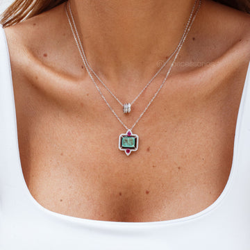 Colar prata 925 retângulo esmeralda colombiana com rosa