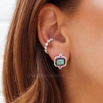 Brinco prata 925 retângulo esmeralda colombiana com rosa