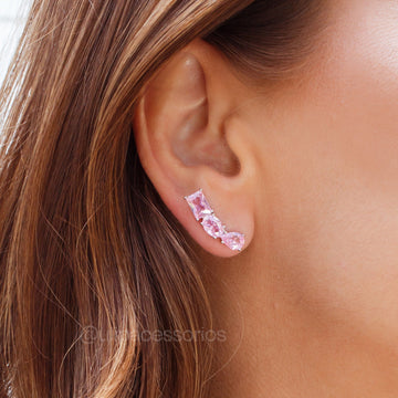 Brinco ear cuff  gota retângulo e oval com zircônia na cor rosa e banho de ródio branco