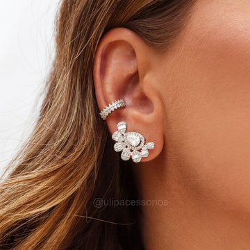 Brinco ear cuff gotas com zircônia cristal com banho de ródio branco
