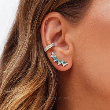 Brinco ear cuff 4 quadrados turmalina com banho de ródio branco