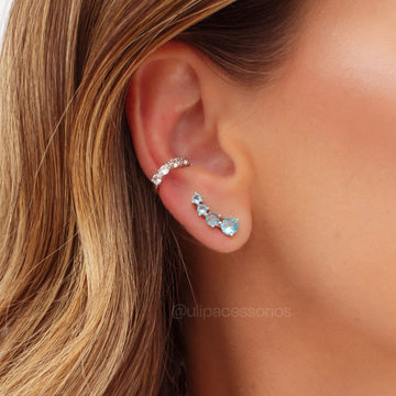 Brinco mini ear cuff ovais crescentes topázio com banho de ródio branco