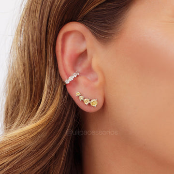 Brinco mini ear cuff ovais crescentes citrino com banho de ródio branco