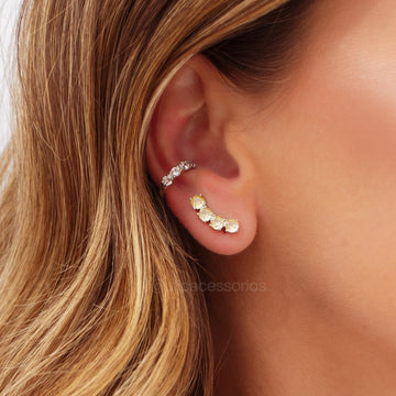 Brinco ear cuff 4 ovais citrino com banho de ródio branco