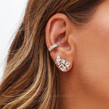 Brinco ear cuff geométricos cristal em ródio branco