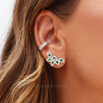 Brinco ear cuff gotas com zircônia esmeralda e banho de ródio branco