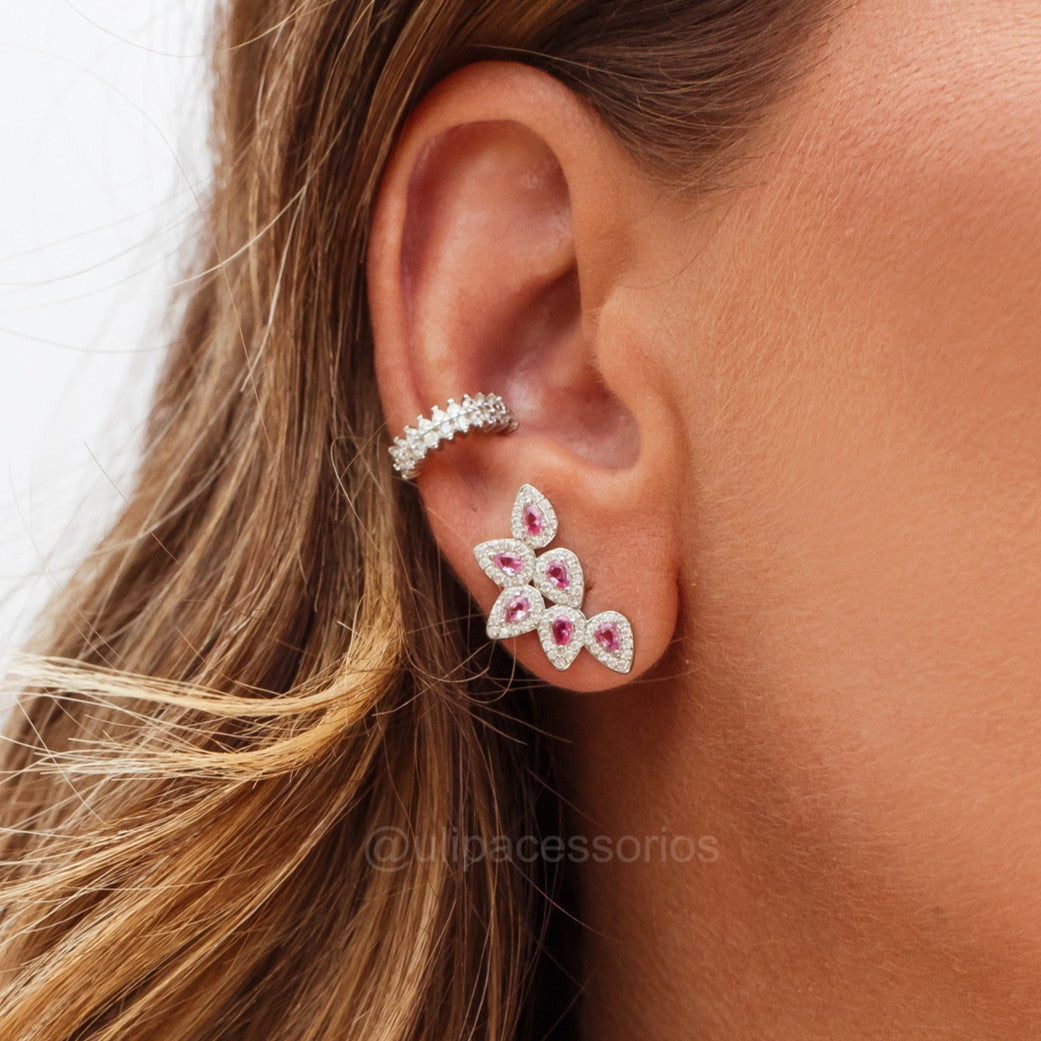 Brinco ear cuff gotas com zircônia turmalina rosa e banho de ródio branco