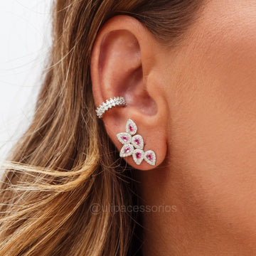Brinco ear cuff gotas com zircônia turmalina rosa e banho de ródio branco