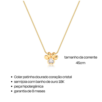 Colar patinha coração com banho de ouro 18k