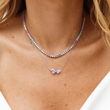 Colar retângulo e gota com zircônia na cor lavanda com banho de ródio branco