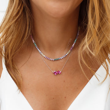 Colar retângulo e gota com zircônia na cor turmalina rosa com banho de ródio branco