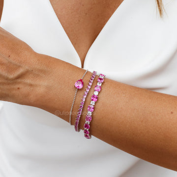 Pulseira prata 925 com gota zircônia na cor turmalina rosa e banho de ródio branco