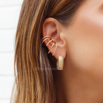 Piercing maxi linhas lisas e cravejadas com banho de ouro 18k