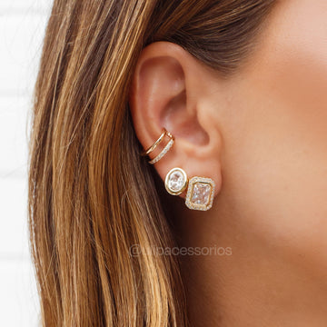 Brinco retângulo cristal entorno cravejado com banho de ouro 18k