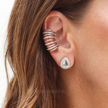 Brinco gota topázio entorno cravejado com banho de ródio branco