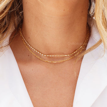 Colar duplo choker zircônias baguetes e elos cartier com banho de ouro 18k