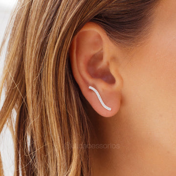 Brinco prata 925 ear cuff ondulado cravejado