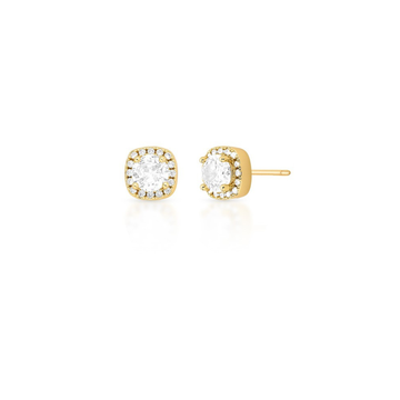 Brinco quadrado com zircônia cristal e entorno cravejado e banho de ouro 18k