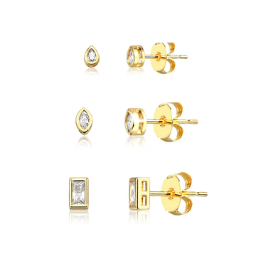 Trio de brincos delicados retangular, gota navete e gota com banho de ouro 18k