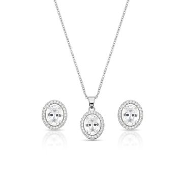 Conjunto oval luxo com zircônia cristal entorno cravejado com banho de ródio branco
