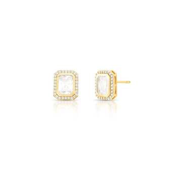 Brinco retângulo cristal entorno cravejado com banho de ouro 18k