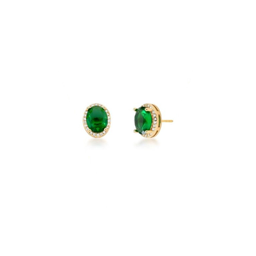 Brinco oval esmeralda entorno cravejado com banho de ouro 18k