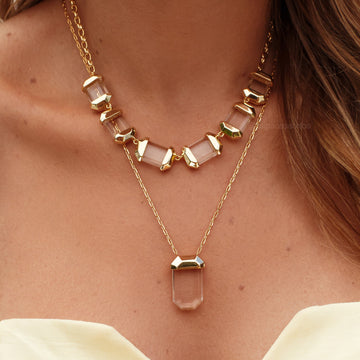 Colar pedra cristal longo 60+5cm - com banho de ouro 18k