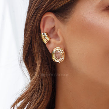 Brinco oval cristal cabochão com banho de ouro 18k