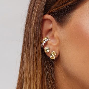 Conjunto oval com zircônia na cor citrino e banho de ródio branco