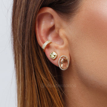Brinco oval champanhe entorno cravejado e banho de ouro 18k