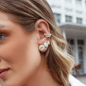 Brinco redondo navetes zircônia citrino com banho de ródio branco