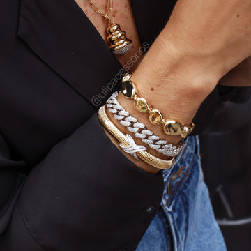 Pulseira elos cravejados luxo com banho de ródio branco