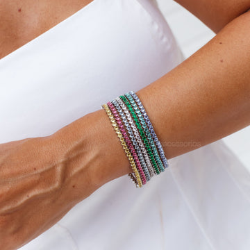 Pulseira riviera zircônia rosa 3mm com banho de ródio branco