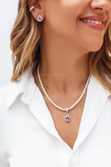 Conjunto de colar e brinco de pérola com gota tanzanita com banho de ródio branco