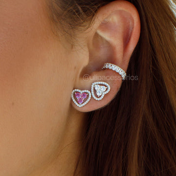 Brinco prata 925 coração turmalina rosa entorno cravejado