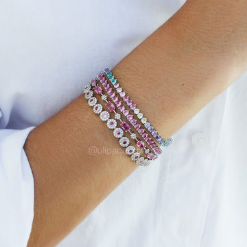 Pulseira riviera 3 garras com zircônia rosa 3mm com banho de ródio branco