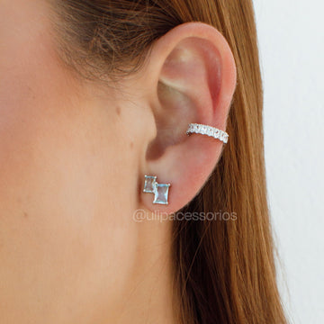 Brinco retângulo duplo topázio com banho de ródio branco