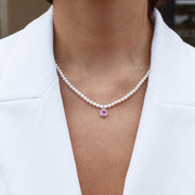 Colar prata 925 pérolas com quadrado turmalina rosa