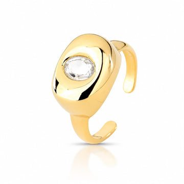 Anel oval liso com zircônia cristal e banho de ouro 18k