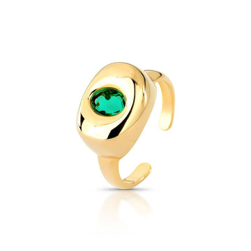 Anel oval liso com zircônia esmeralda e banho de ouro 18k