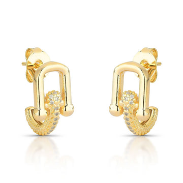 Brinco elo moderno cravejado e liso com banho de ouro 18k