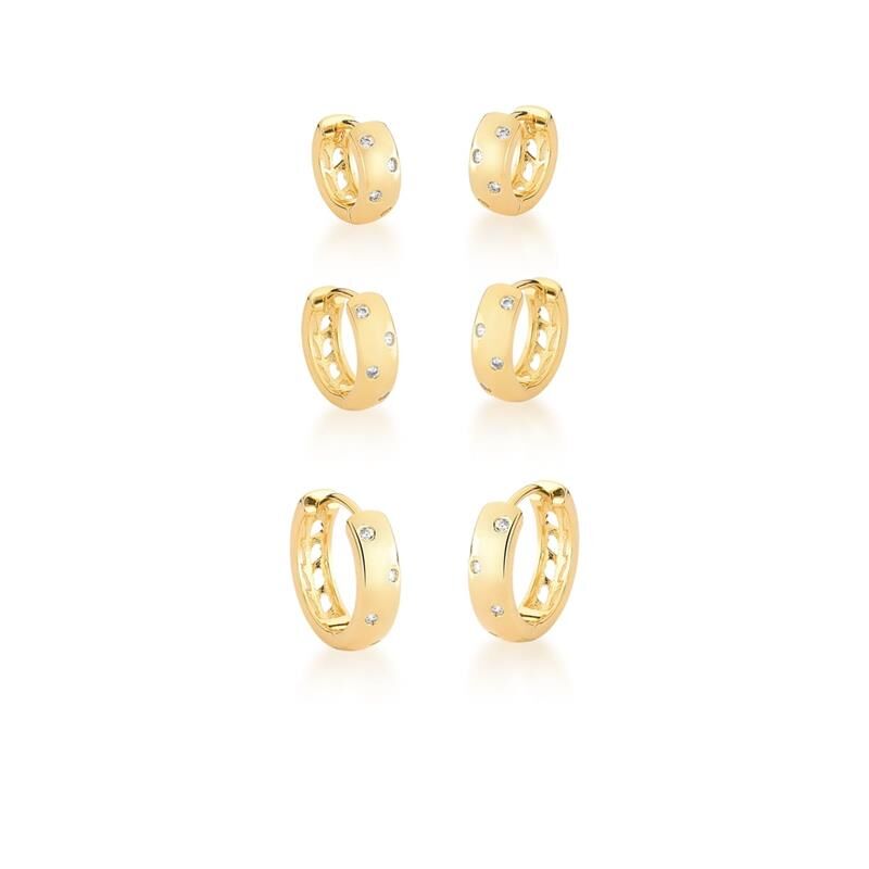 Brinco trio de argolinhas com pontos de luz com banho de ouro 18k