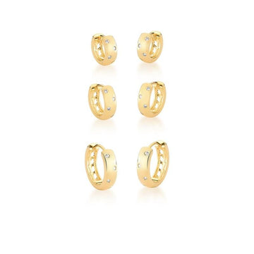 Brinco trio de argolinhas com pontos de luz com banho de ouro 18k