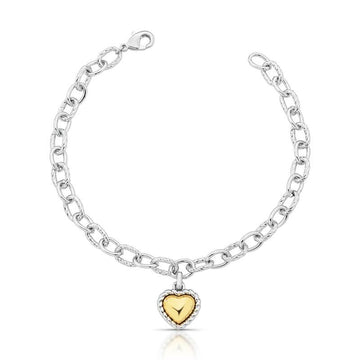 Pulseira elos lisos e trabalhados com coração e mistura de banho em ouro 18k com ródio branco