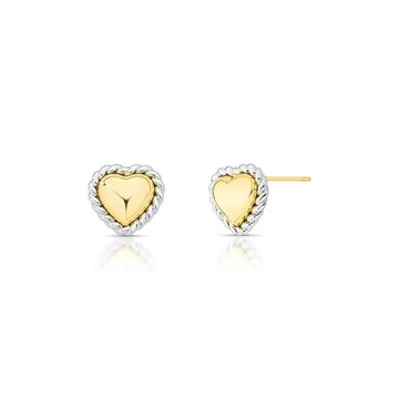 Brinco coração com entorno entrelaçado e mistura de banhos ouro 18k com ródio branco