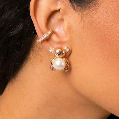 Brinco TEDDY com pérola shell e zirconia rosa
