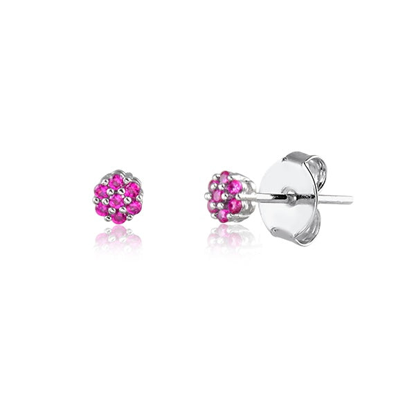 Brinco mini flor M turmalina rosa ródio branco