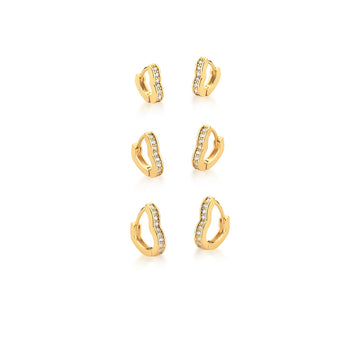 Brinco trio argolas coração cravejado com banho de ouro 18k