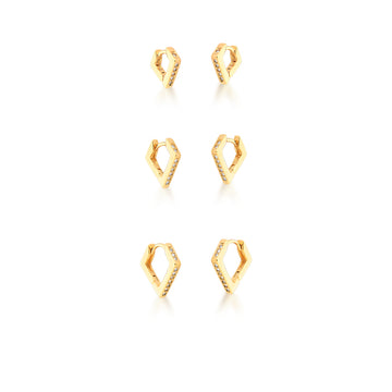 Brinco dourado trio argola losango cravejada