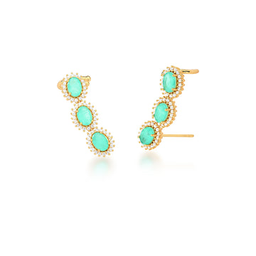 Brinco ear cuff 3 ovais esmeralda colombiana entorno cravejado com banho de ouro 18k